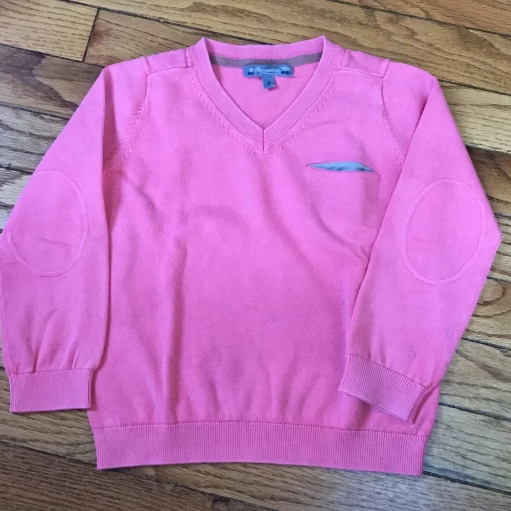 Bonpoint  Preppy Pink Cotton V neck sweater, Size 4T
